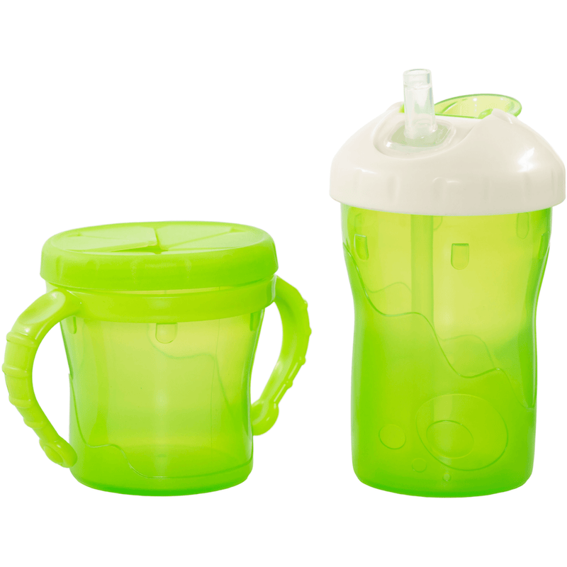 The Two Cup Set. Small snack container with soft reach through lid. Large cup with straw. Green. 