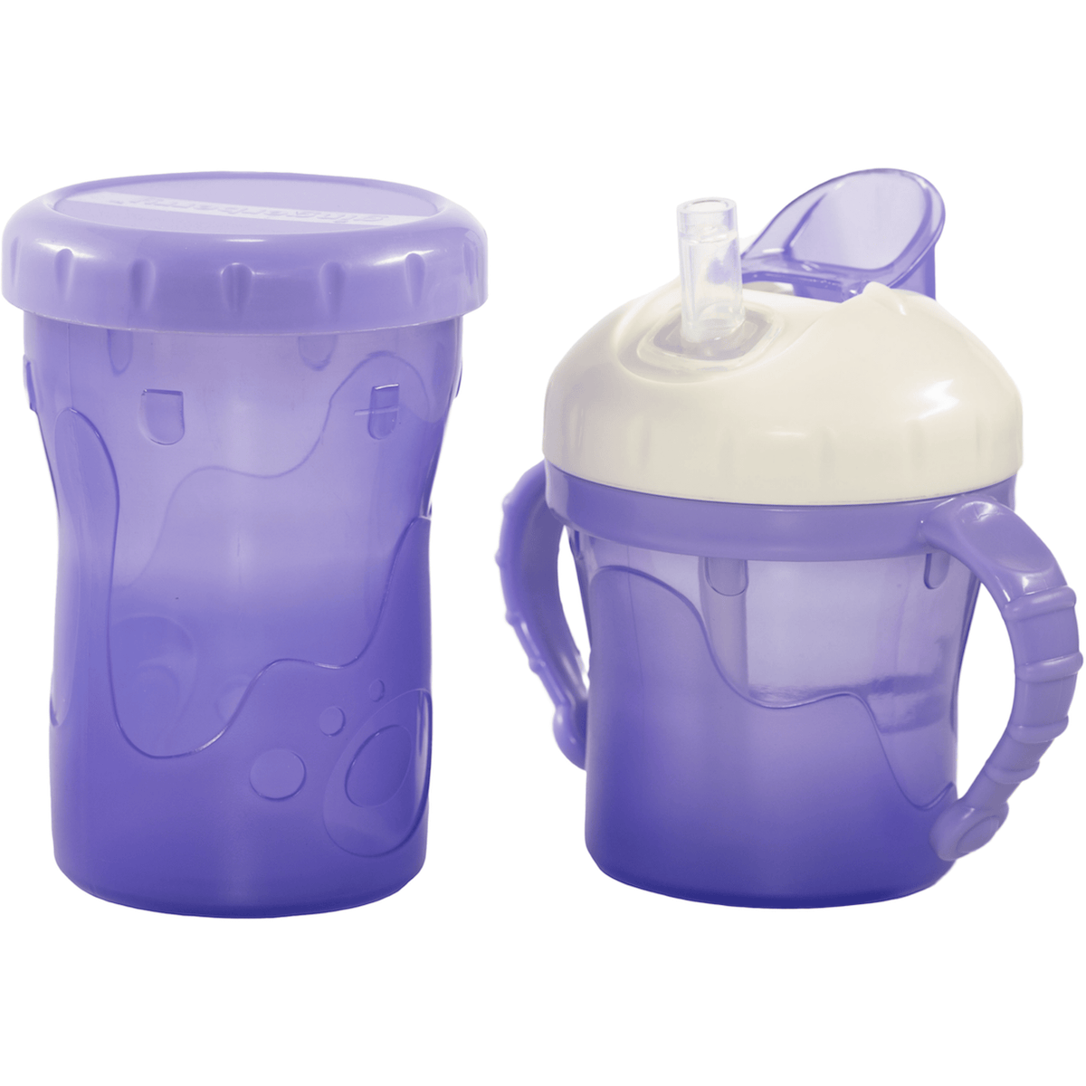 The Two Cup Set. Large snack container with lid.  Small cup with handles and straw.  Purple.
