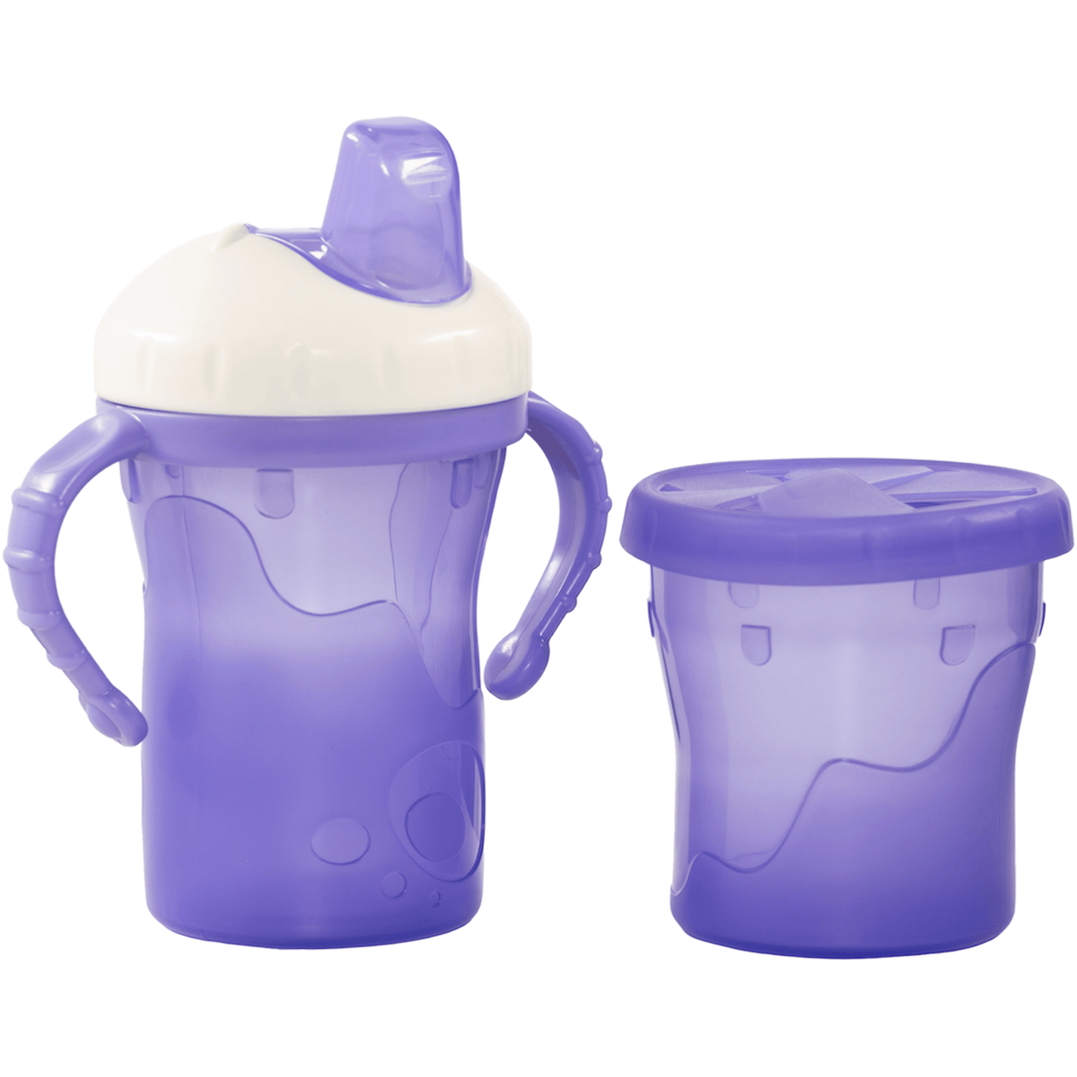 The Two Cup Set. Large mug with handles and spout cover. Small snack container with soft reach through lid. Purple.  