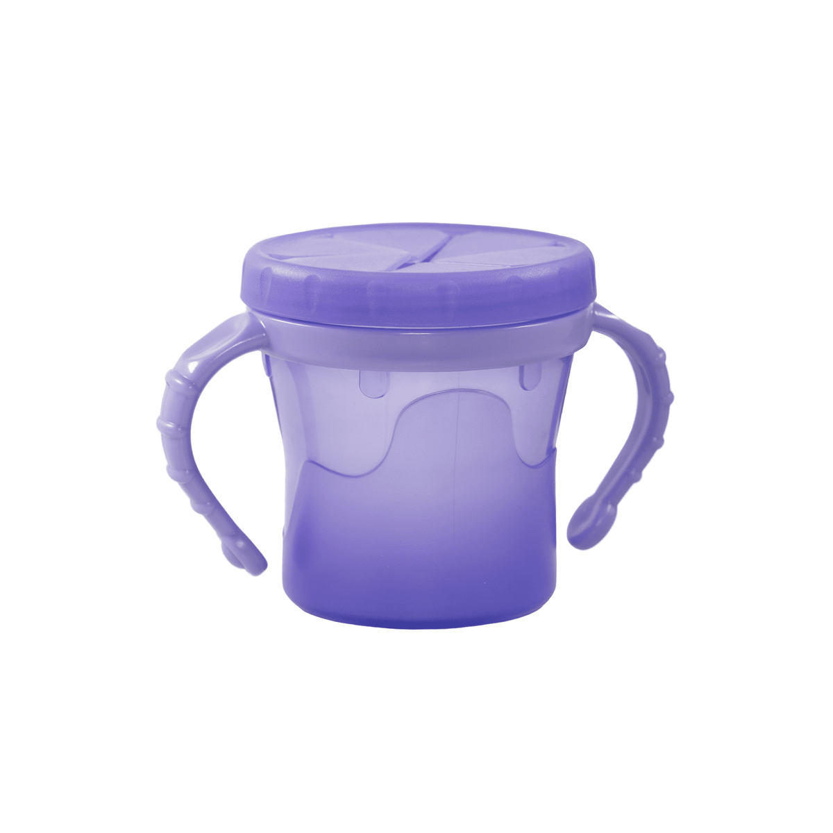 The One Cup as snack container with soft reach through lid. Purple