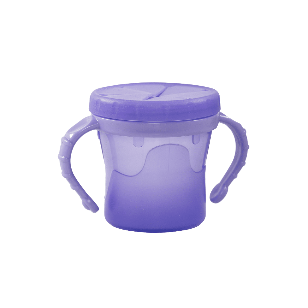 The One Cup as snack container with soft reach through lid. Purple