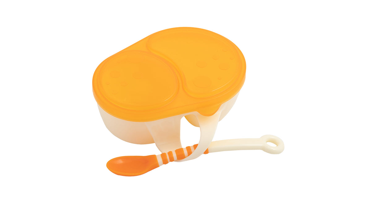Baby feeding bowl with 2 compartments, orange lid, orange spoon