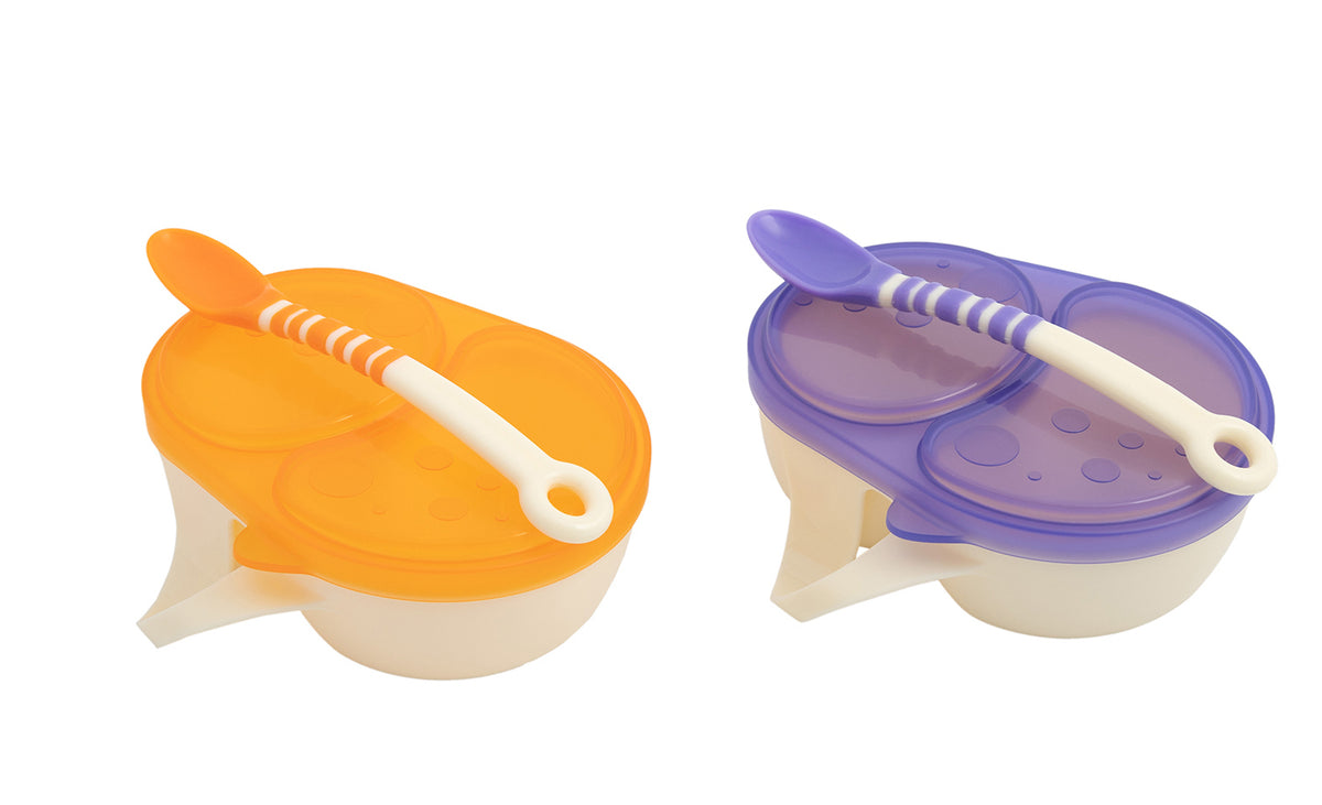 2 baby feeding bowls, one with yellow lid, one with purple lid