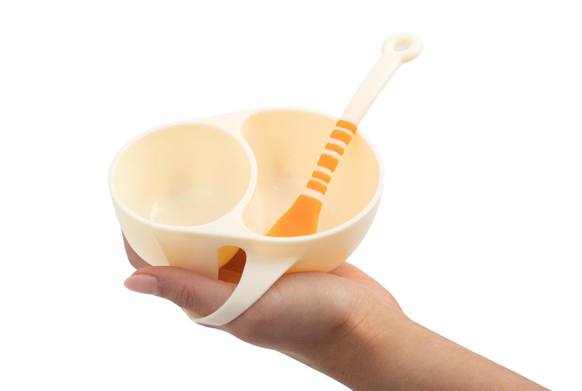 Baby feeding bowl with 2 compartments, orange spoon 